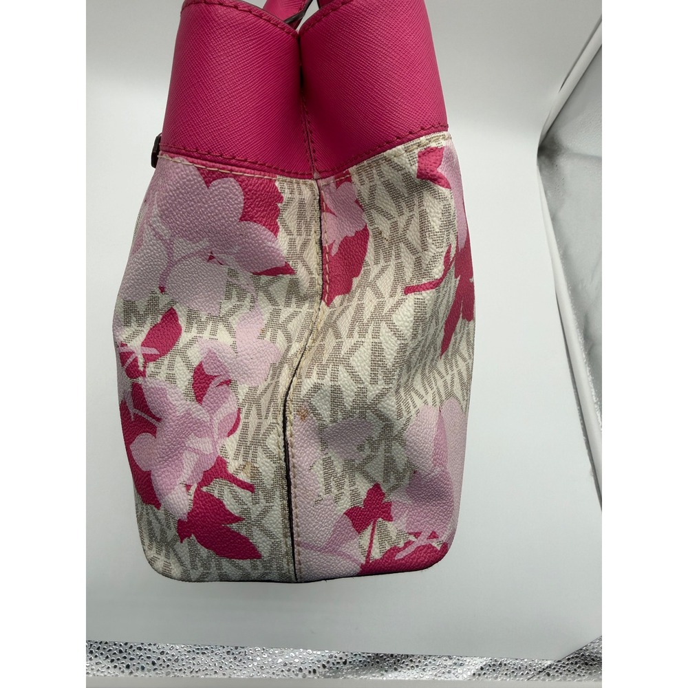 Michael Kors Pink Floral Signature Logo Satchel Handbag Gold Tone Hardware - Picture 3 of 8